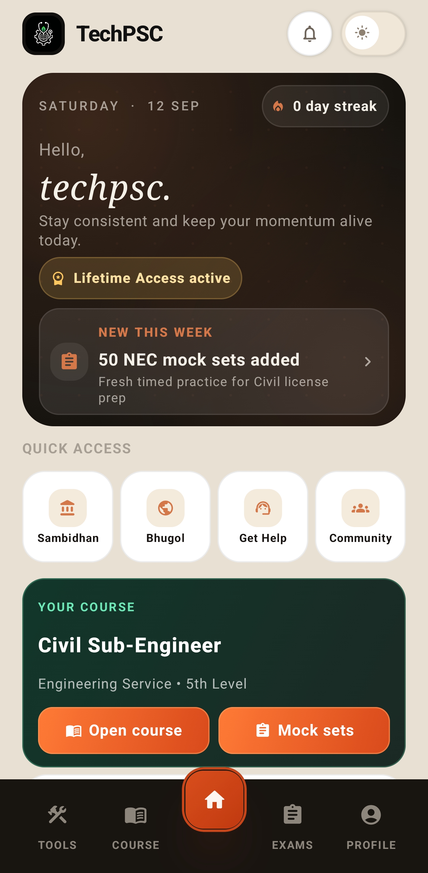TechPSC Android home dashboard showing preparation tools