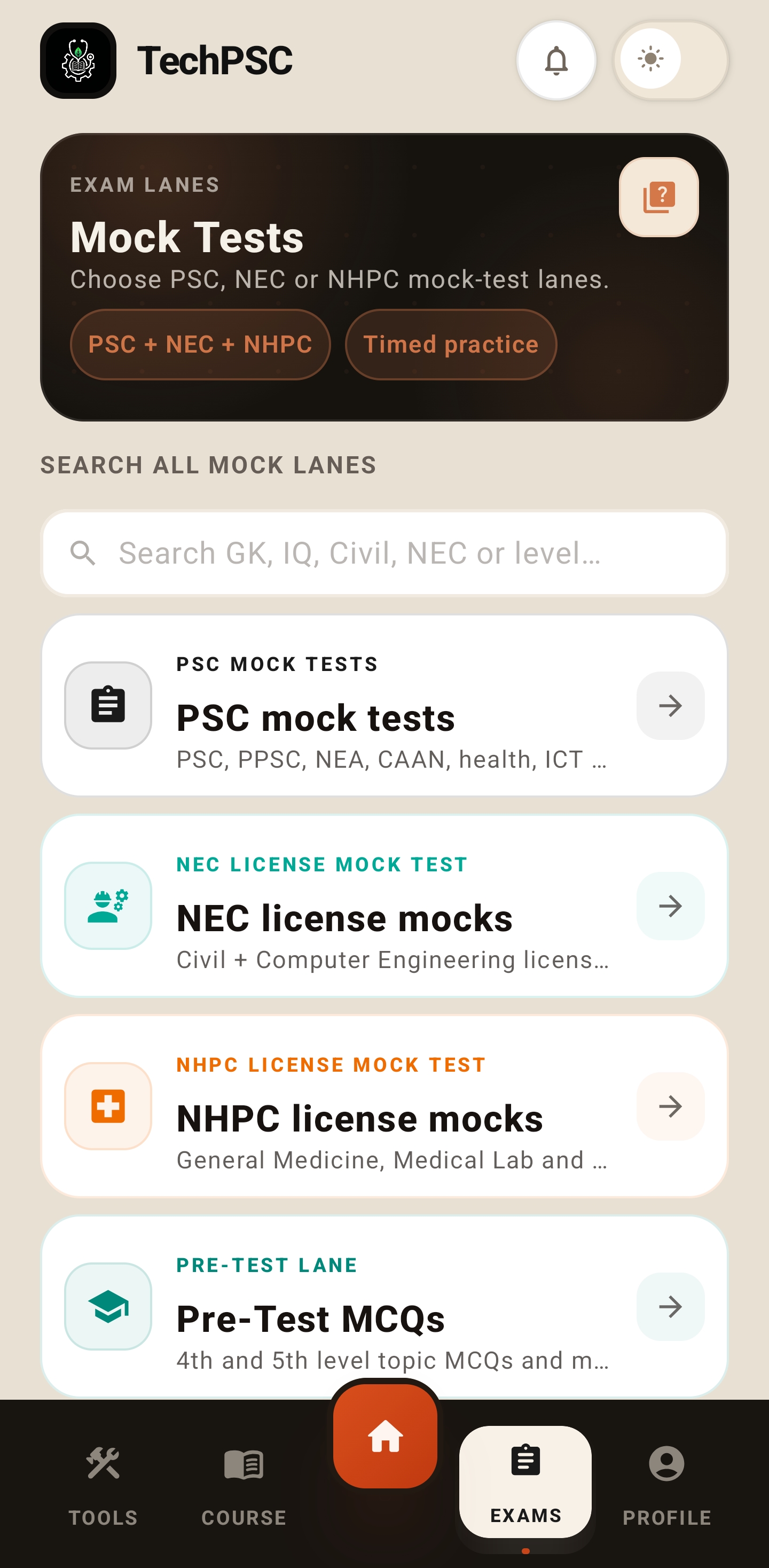 TechPSC mock test lanes screen