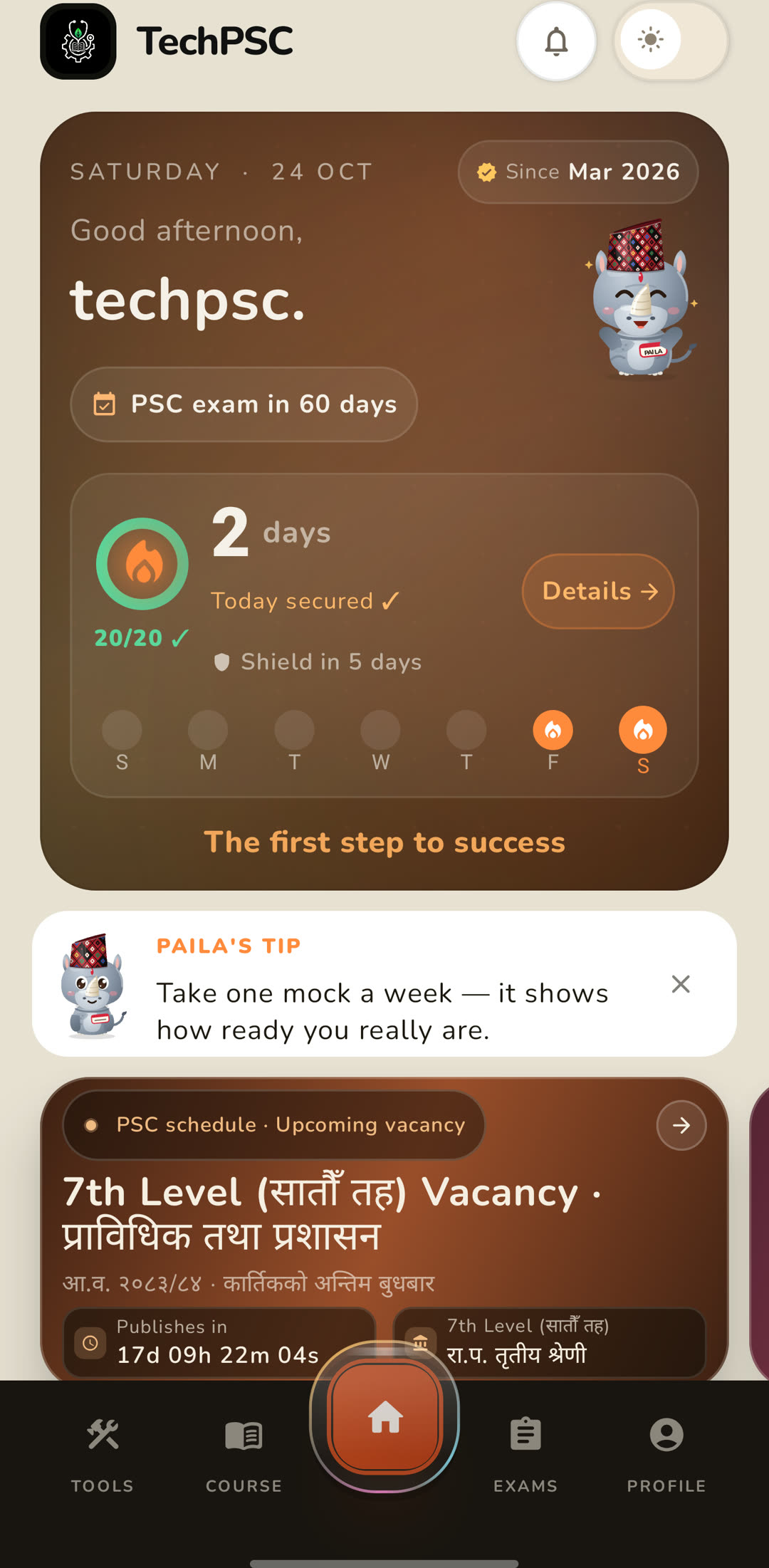 TechPSC Android home dashboard showing preparation tools